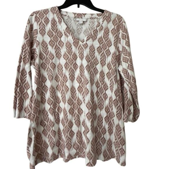 J Jill Pure Jill 100% Cotton V Neck 3/4 Sleeve Diamond Print Top Size Large - Picture 1 of 8